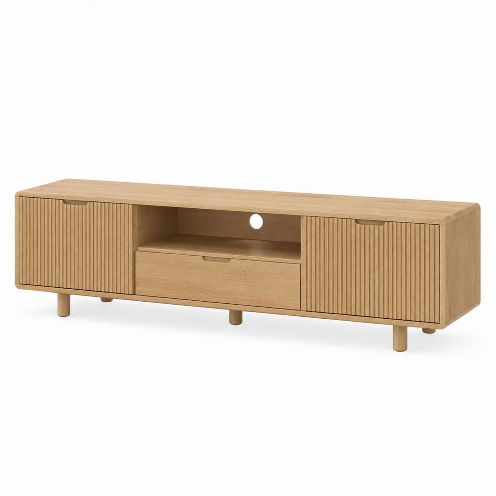 Mobile TV rettangolare in MDF impiallacciato rovere naturale 180 x 40 x 55 cm con 2 ante e cassetto