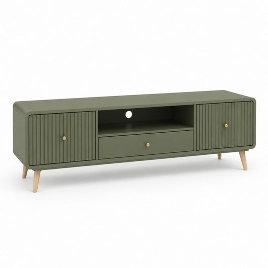 Mobile porta TV verde oliva in MDF con ante scanalate 160 x 40 x 55 cm
