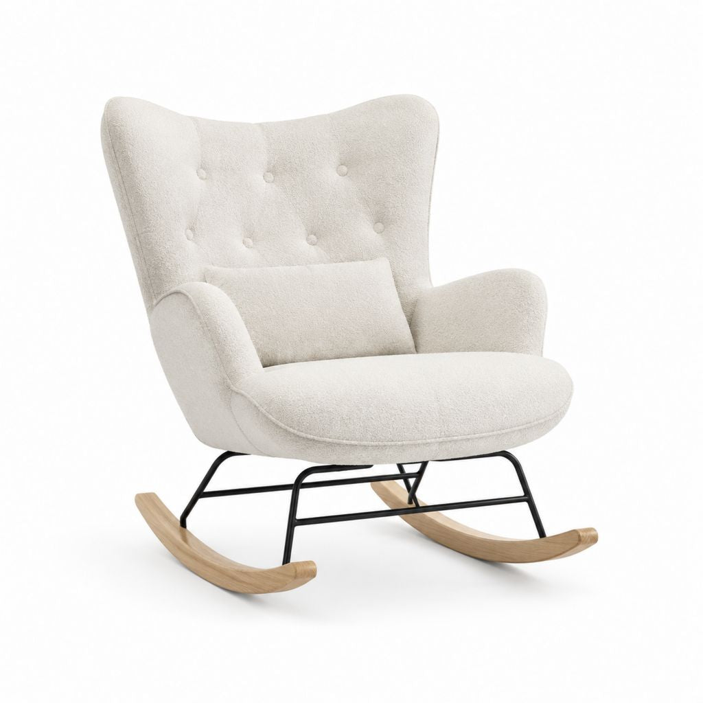Poltrona a dondolo crema in poliestere bouclé con struttura in acciaio 75 x 100 x 105 cm