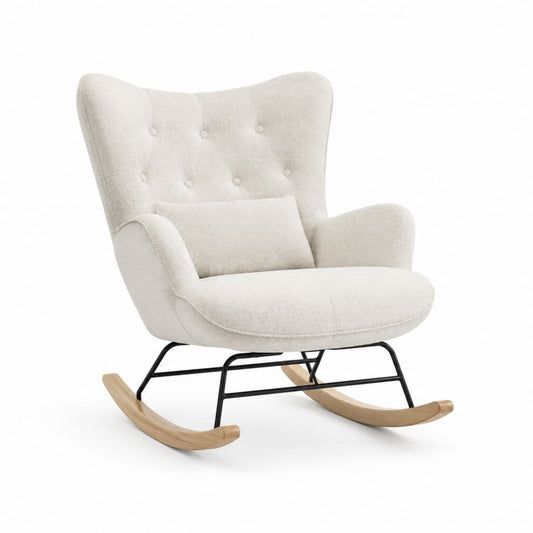 Poltrona a dondolo crema in poliestere bouclé con struttura in acciaio 75 x 100 x 105 cm