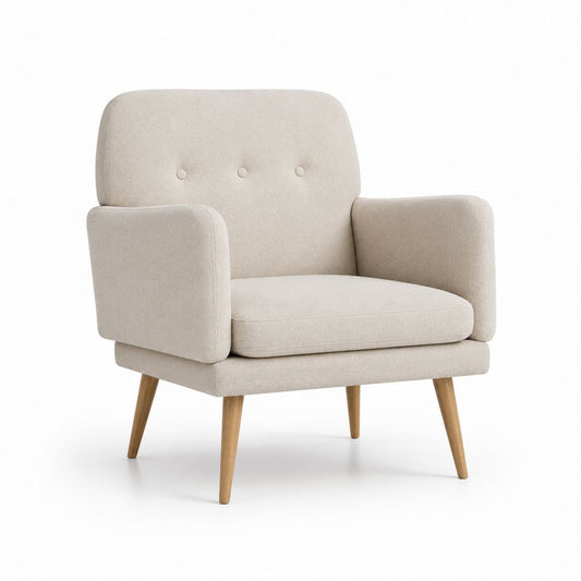 Poltrona da soggiorno beige in poliestere con braccioli e gambe in legno massello 75 x 80 x 78 cm