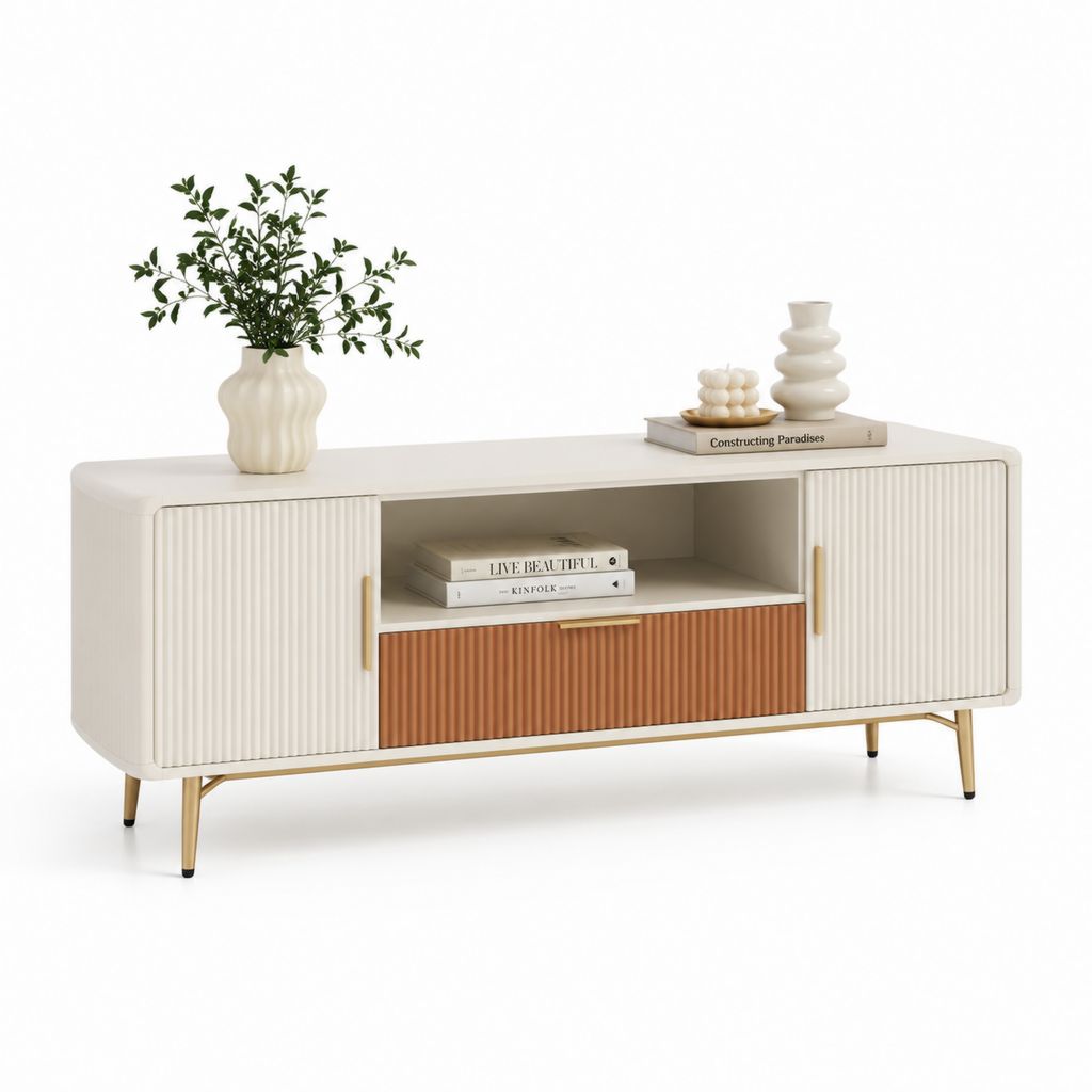 Mobile TV rettangolare bianco e terracotta in MDF scanalato 160 x 40 x 75 cm