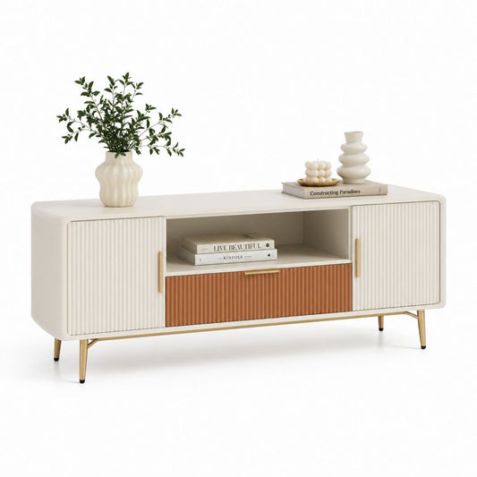 Mobile TV rettangolare bianco e terracotta in MDF scanalato 160 x 40 x 75 cm