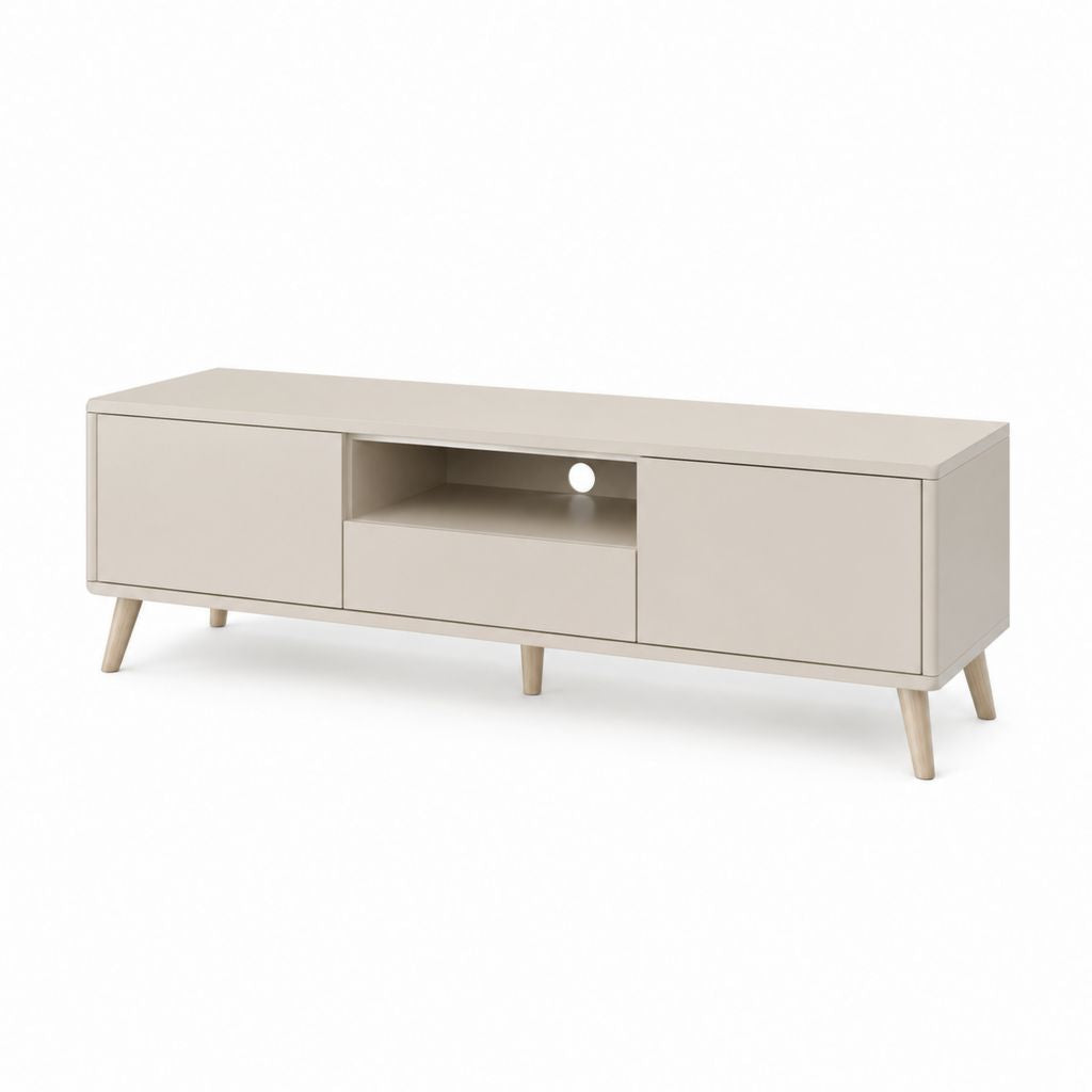 Mobile TV basso beige in MDF con gambe in legno massello 160 x 40 x 50 cm