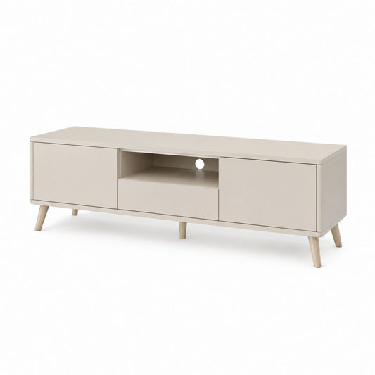 Mobile TV basso beige in MDF con gambe in legno massello 160 x 40 x 50 cm