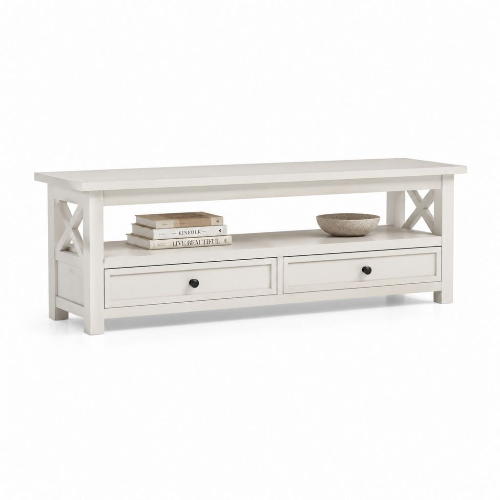 Mobile TV rettangolare bianco in MDF 140 x 40 x 55 cm con 2 cassetti e ripiano aperto