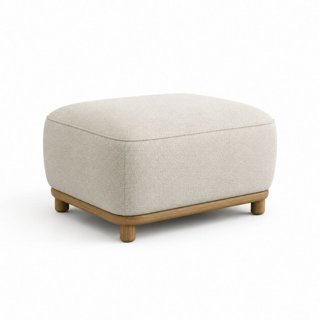 Poggiapiedi imbottito beige in poliestere bouclé rettangolare con base in legno massello 80 x 60 x 42 cm