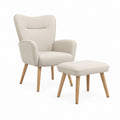 Set poltrona con poggiapiedi beige in poliestere e legno massello 75 x 82 x 103 cm