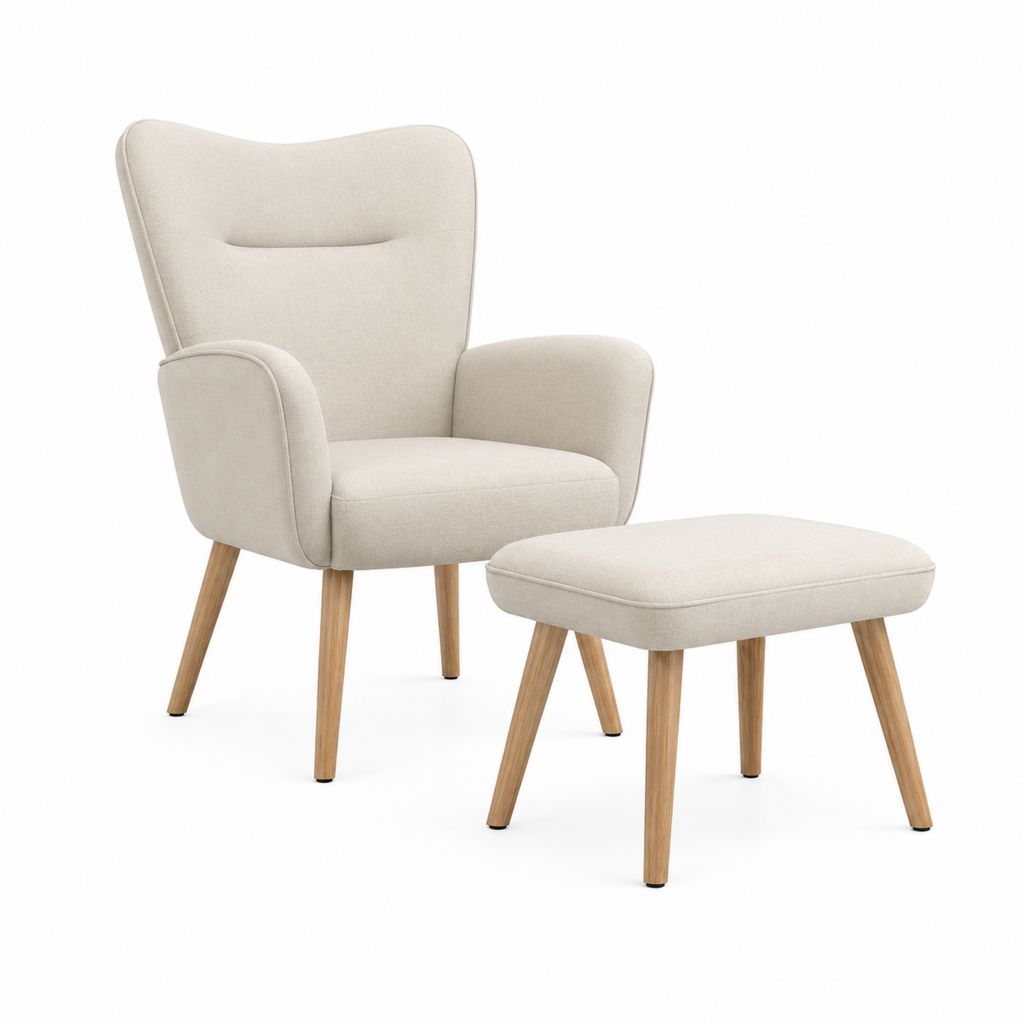 Set poltrona con poggiapiedi beige in poliestere e legno massello 75 x 82 x 103 cm
