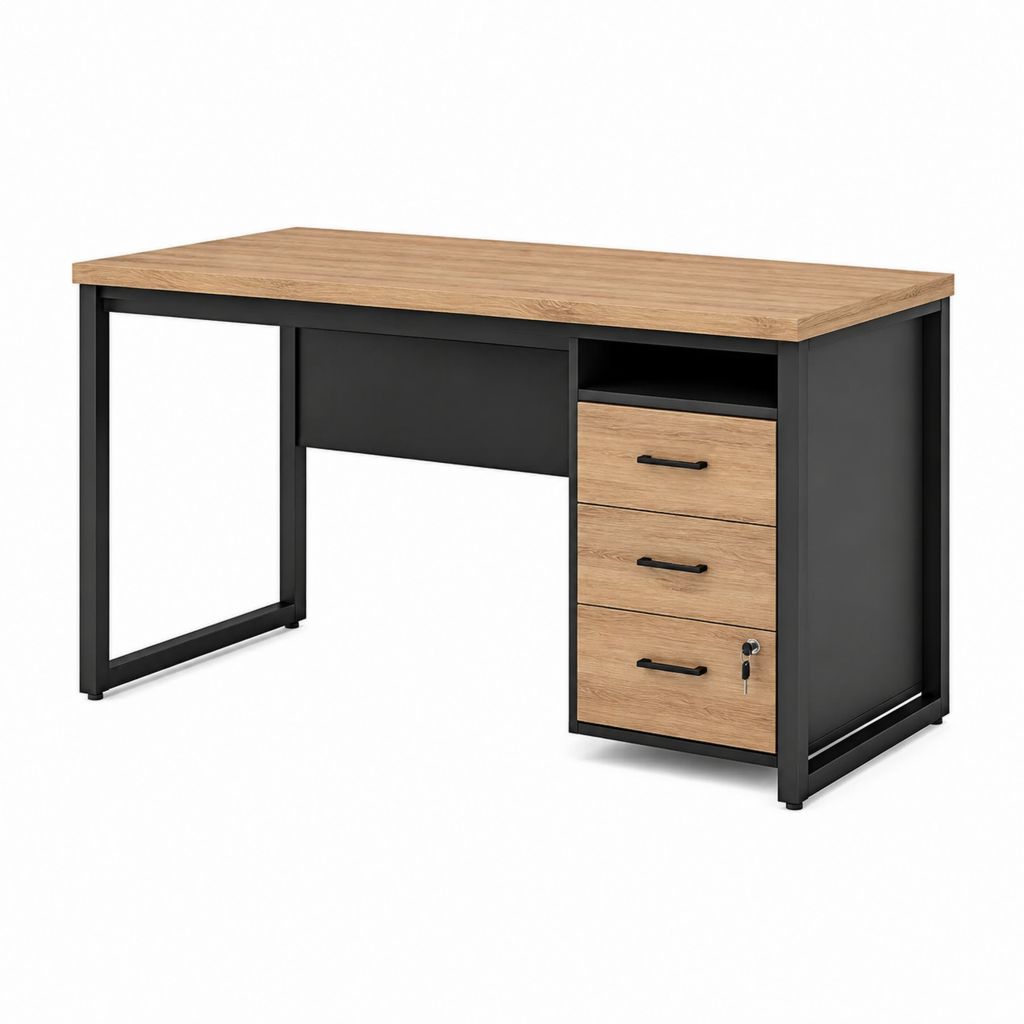 Scrivania da ufficio rettangolare rovere e nero in pannello truciolare e acciaio 120 x 60 x 75 cm con 3 cassetti