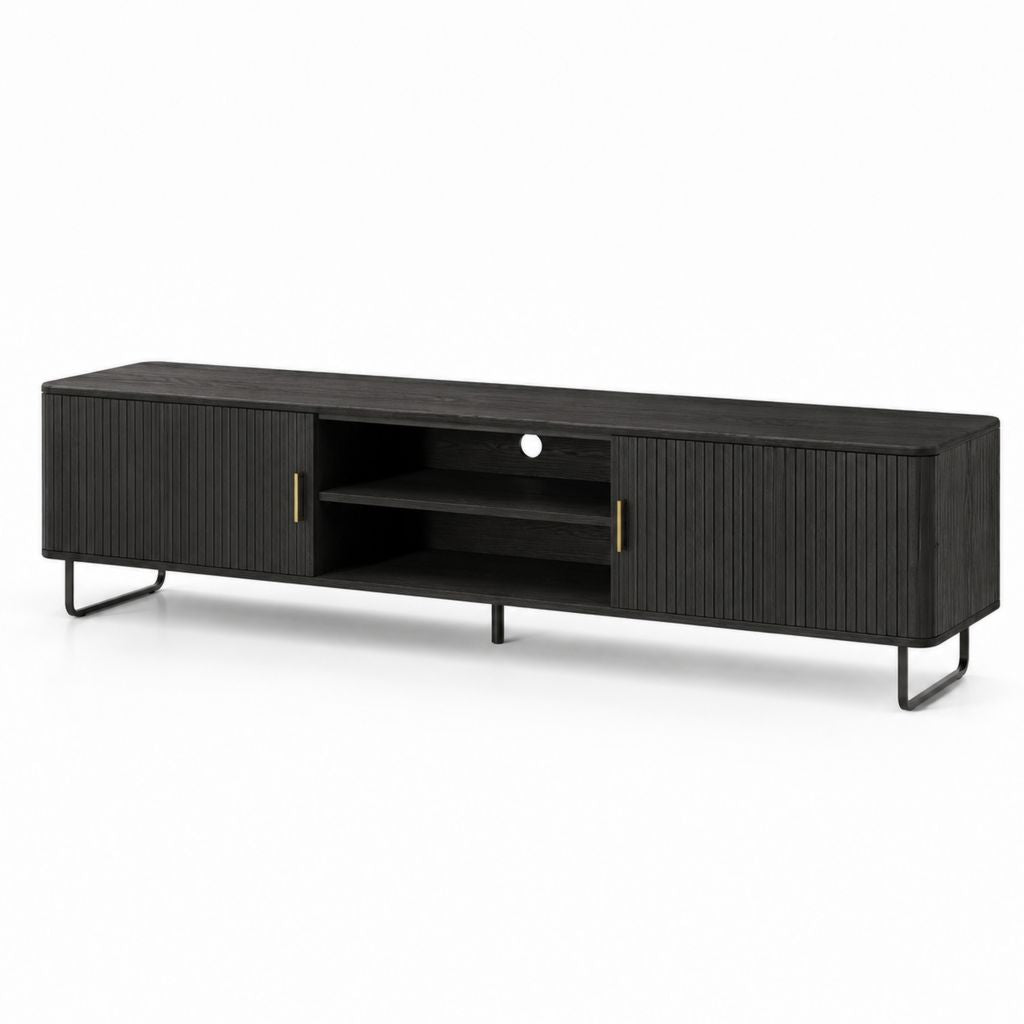 Mobile TV rettangolare nero in MDF 180 x 40 x 50 cm con 2 ante scorrevoli e passacavi