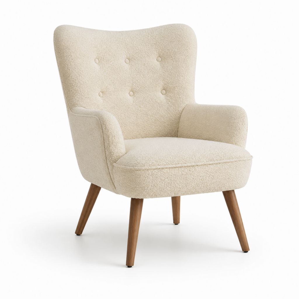Poltrona relax beige in bouclé di poliestere con braccioli e gambe in legno massello 76 x 82 x 102 cm