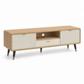 Mobile TV rettangolare rovere e bianco in MDF 160 x 40 x 55 cm con ante scorrevoli e cassetto