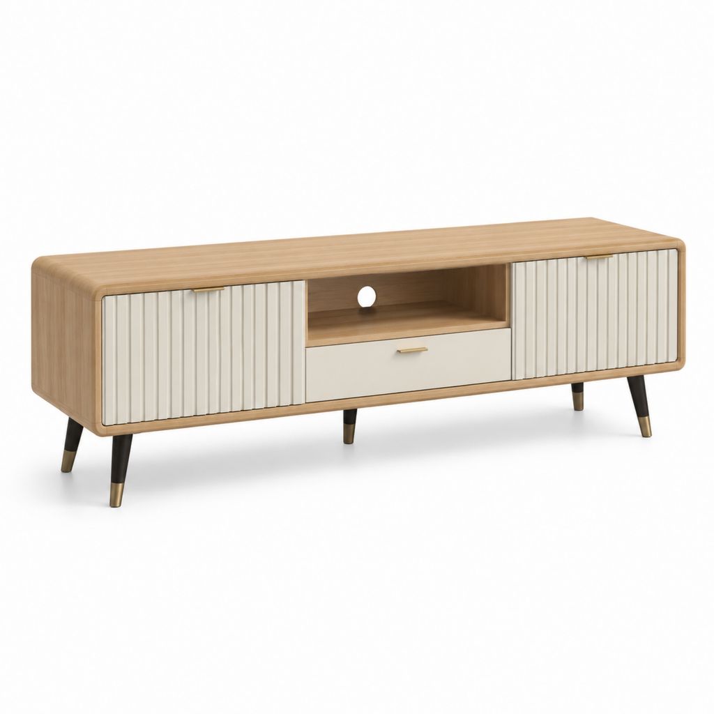 Mobile TV rettangolare rovere e bianco in MDF 160 x 40 x 55 cm con ante scorrevoli e cassetto
