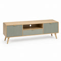 Mobile TV basso in MDF impiallacciato rovere naturale e verde salvia 160 x 40 x 55 cm