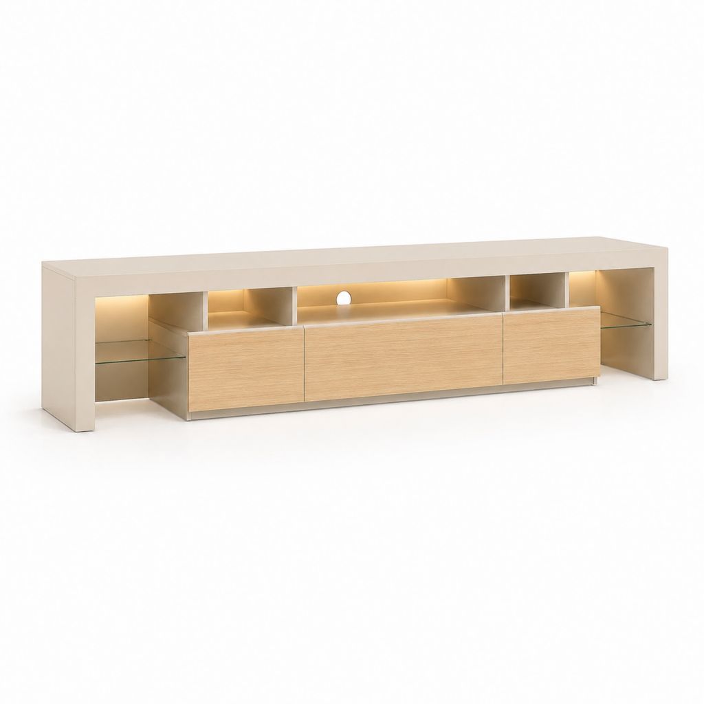 Mobile TV rettangolare beige e rovere chiaro in MDF con ripiani in vetro e LED 200 x 40 x 60 cm