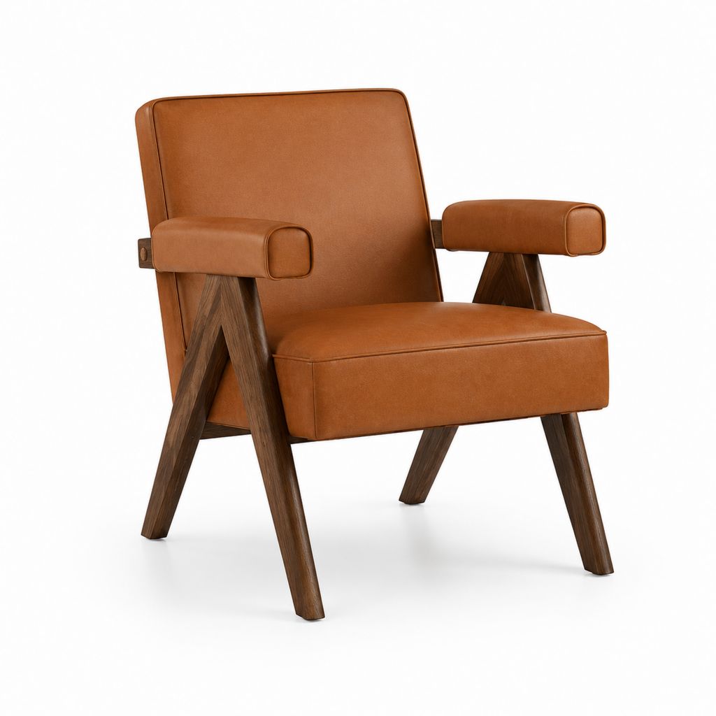 Poltrona da soggiorno con braccioli cognac in pelle PU e legno massello rettangolare 70 x 80 x 90 cm