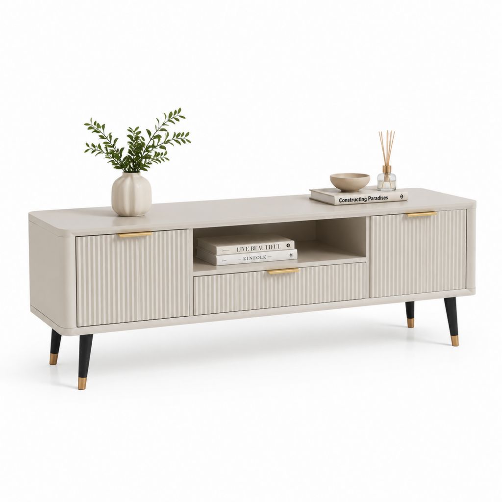 Mobile TV basso beige in MDF laccato con 2 ante 1 cassetto e vano a giorno 180 x 40 x 55 cm