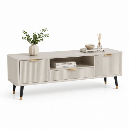 Mobile TV basso beige in MDF laccato con 2 ante 1 cassetto e vano a giorno 180 x 40 x 55 cm