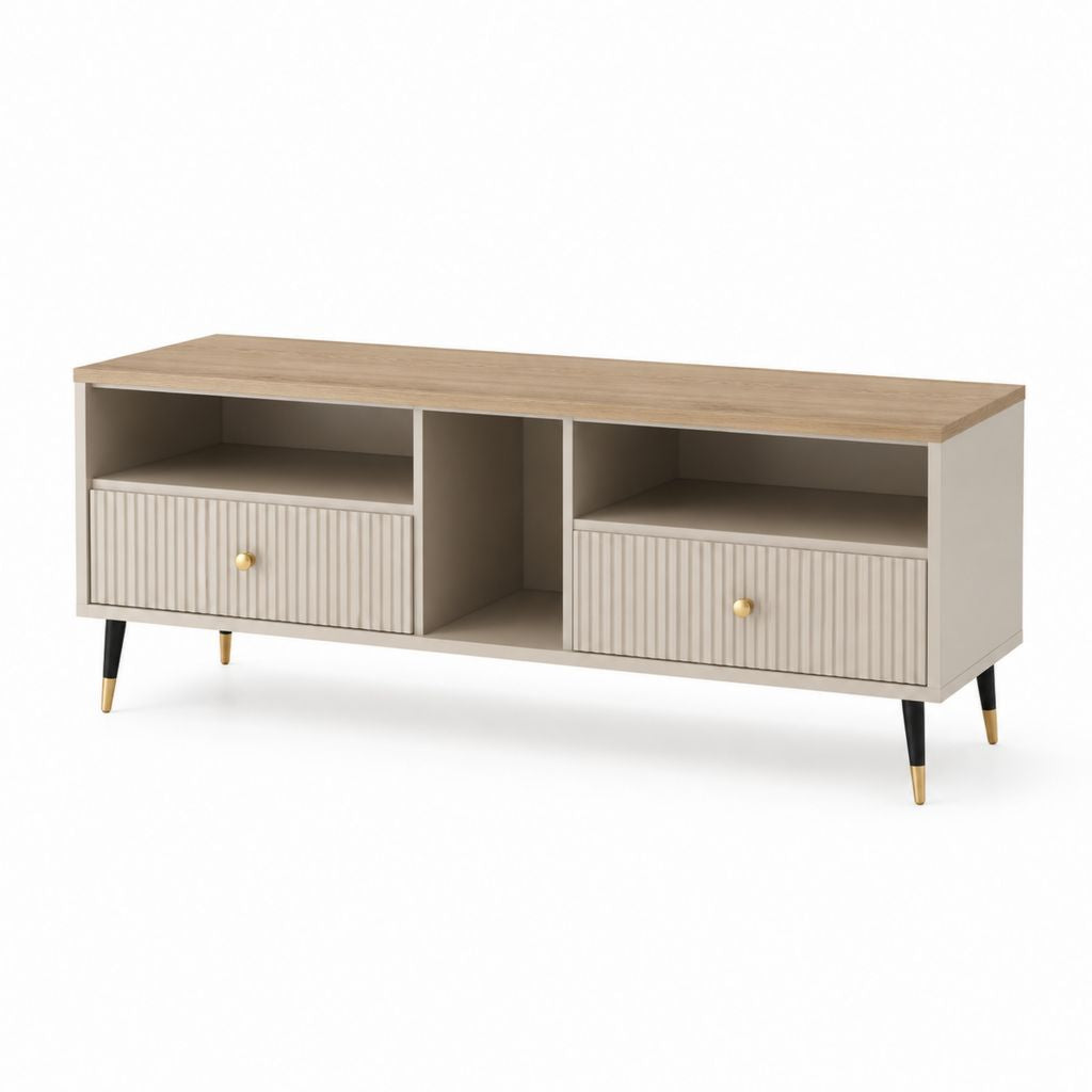 Mobile TV con 2 cassetti e 3 vani a giorno beige e rovere in MDF 160 x 40 x 60 cm