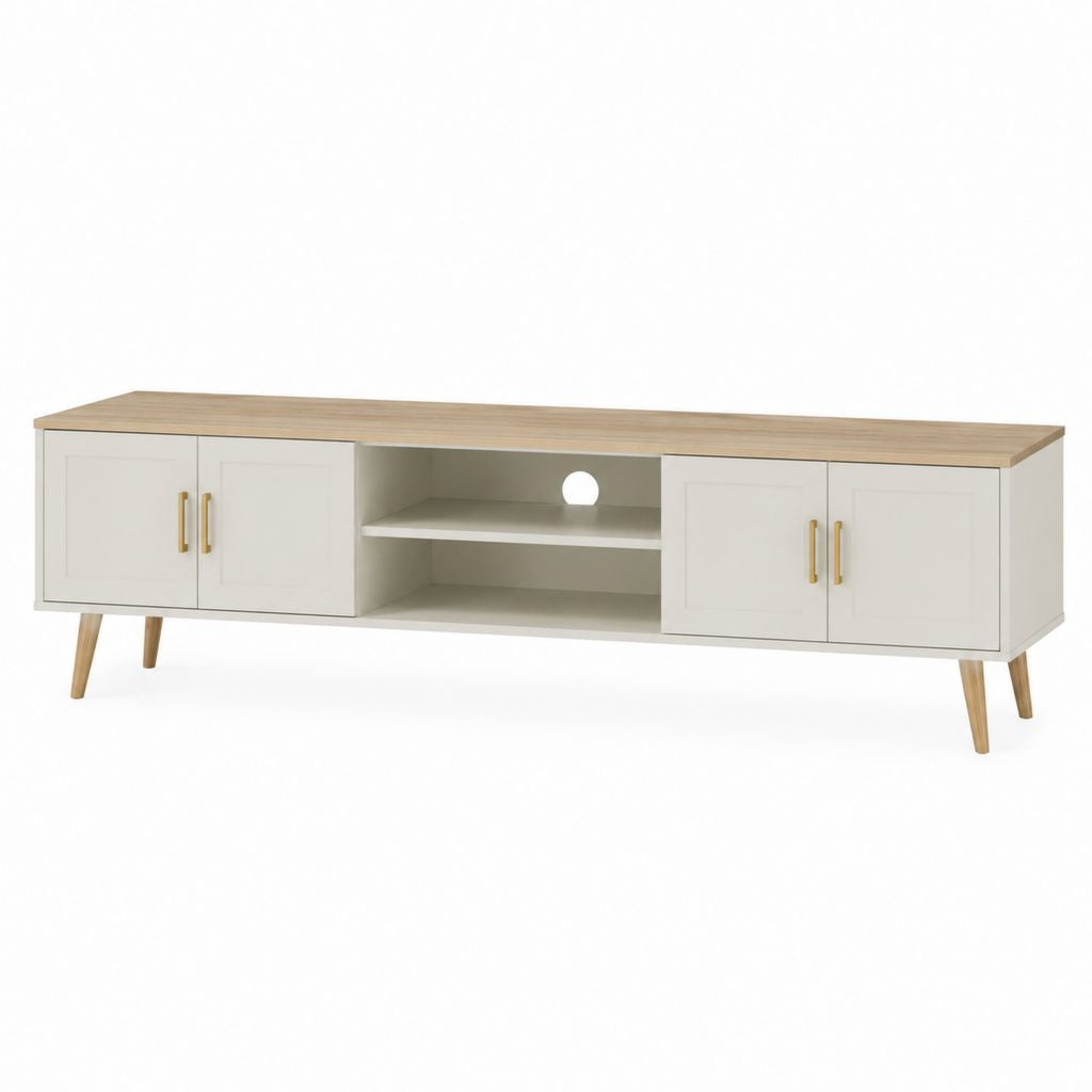 Mobile TV rettangolare bianco e rovere in MDF 180 x 40 x 55 cm con 4 ante e vano aperto