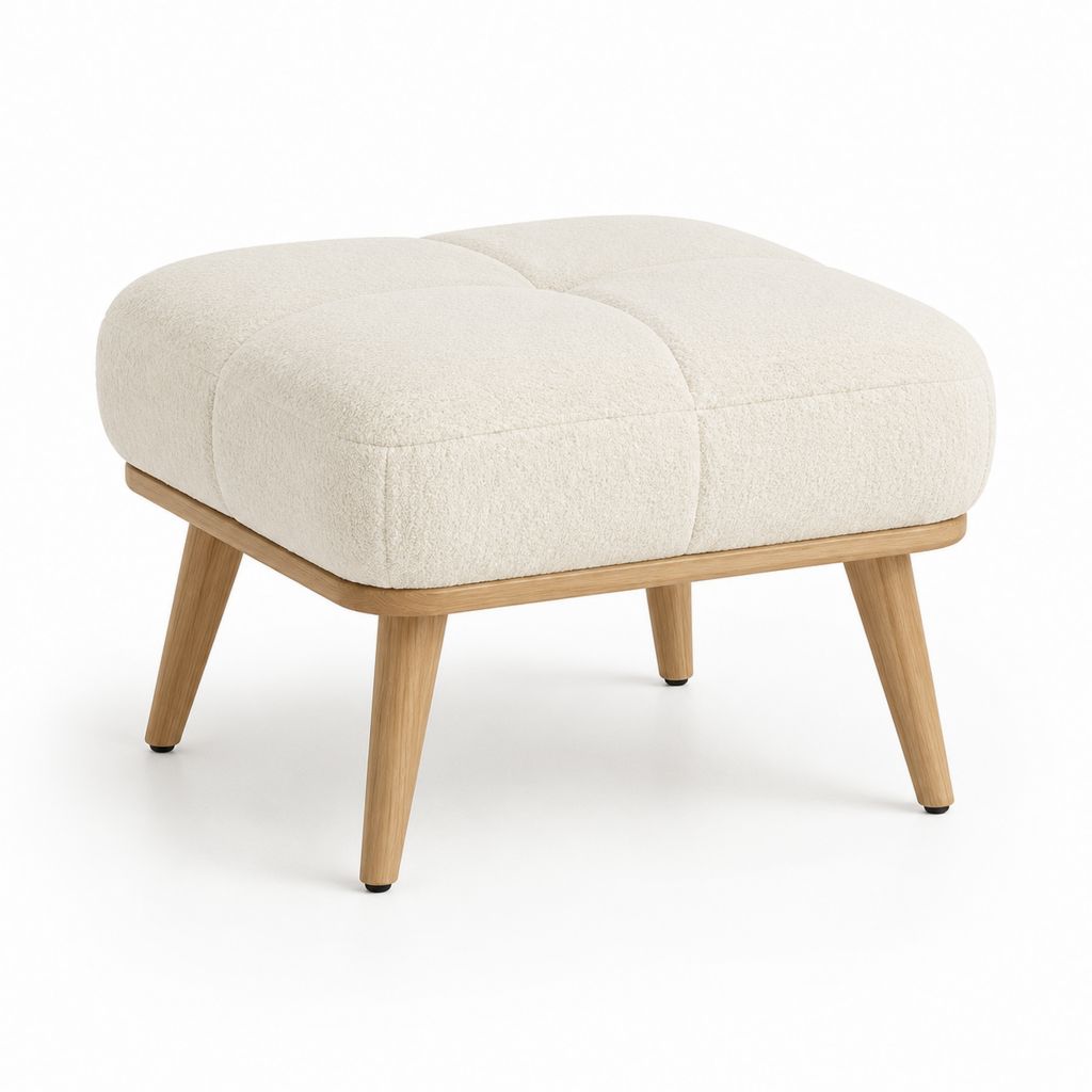 Poggiapiedi imbottito beige in poliestere bouclé con gambe in rovere massello 70 x 50 x 43 cm