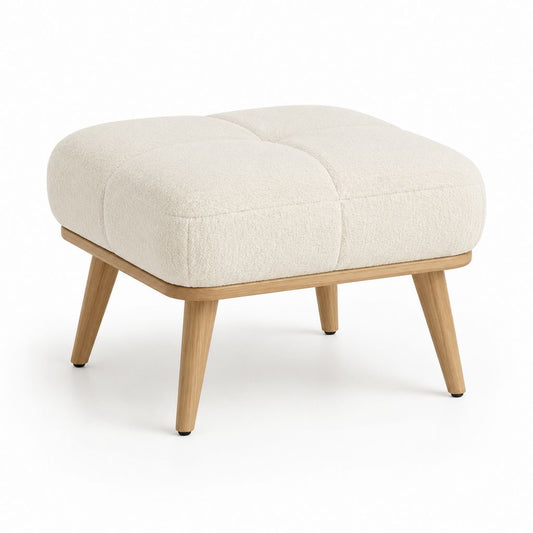 Poggiapiedi imbottito beige in poliestere bouclé con gambe in rovere massello 70 x 50 x 43 cm