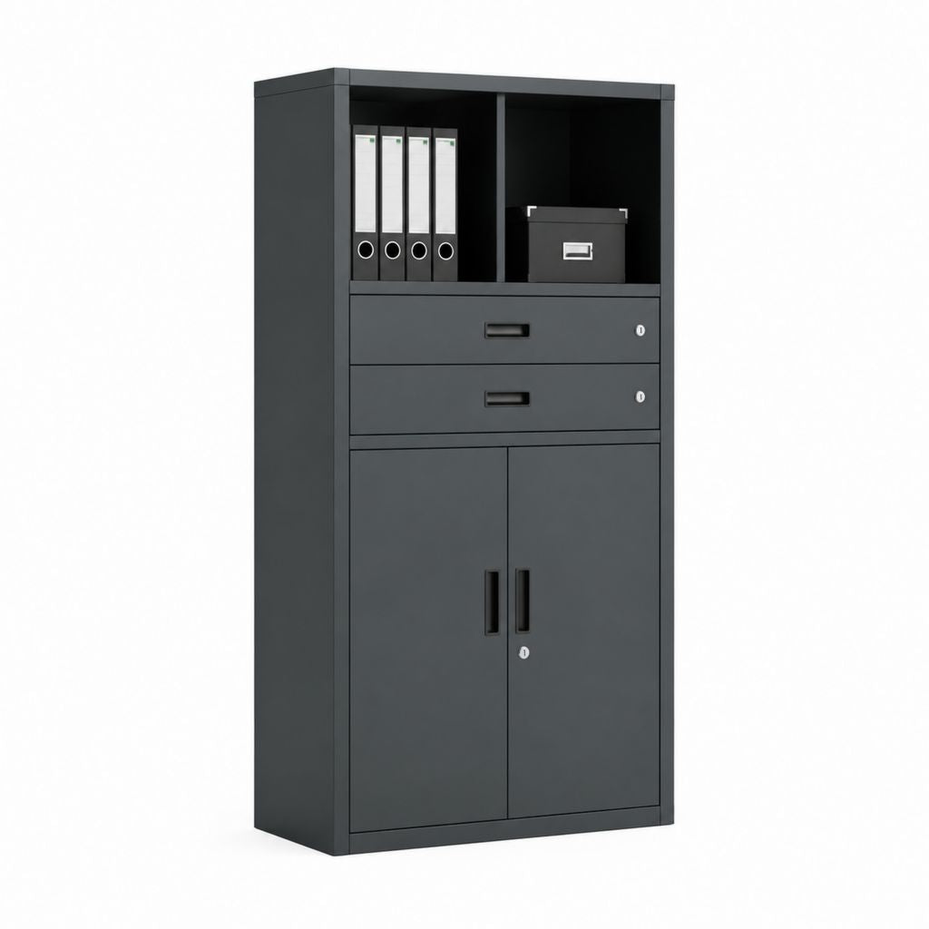 Armadio archivio da ufficio nero in acciaio con 2 cassetti 2 ante e vani aperti 90 x 40 x 180 cm