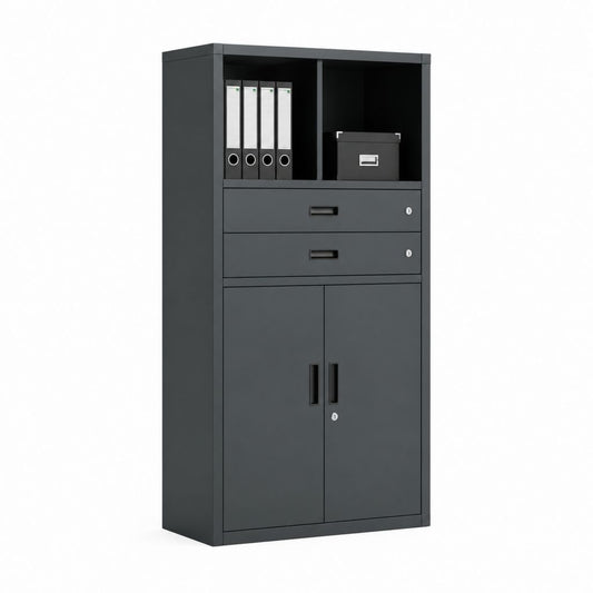 Armadio archivio da ufficio nero in acciaio con 2 cassetti 2 ante e vani aperti 90 x 40 x 180 cm